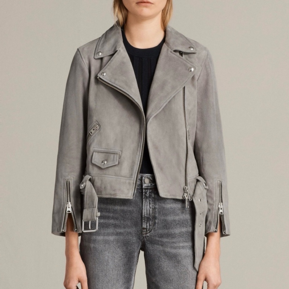 All Saints Cole Biker Jacket Grey Suede